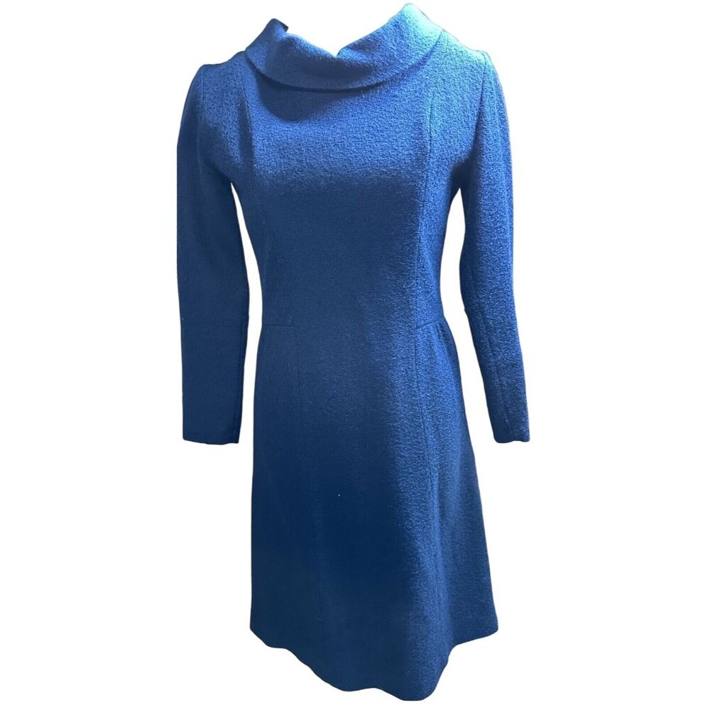 Dress Blue Midi Sheath Fitted Knit Cowl Long Sleeve Theatre Actress Doris Day